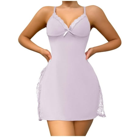 Womens Chemise Lace Trim Negligee Side Split Nightgown Sling Nightdress Sexy Solid Color Lingerie Nightie Nighty Deep V Neck Babydoll Backless Slips