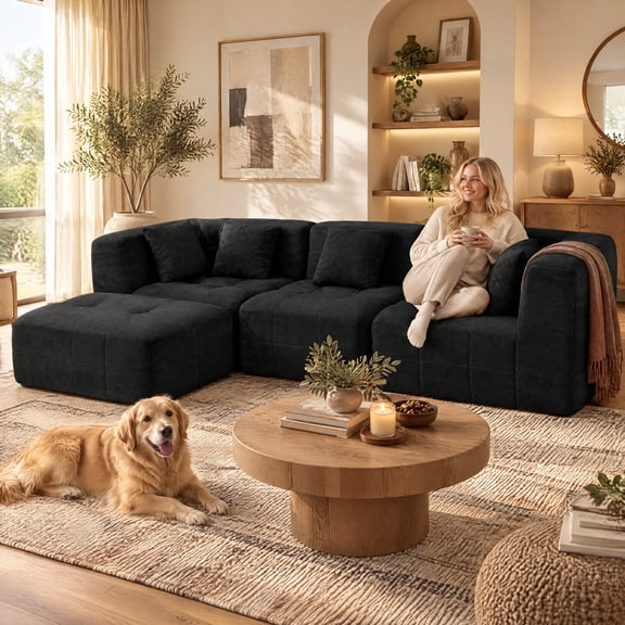110" Modular L Shaped Sectional Sofa, Upholstered Deep Seat Cloud Couch No Assembly Required with Movable Ottoman & 5 Pillows for Living Room,Bedroom,Office (Black)