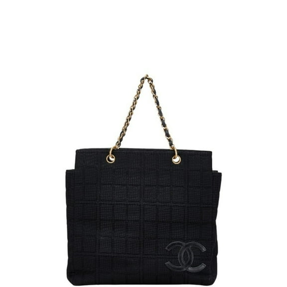 Pre-Owned CHANEL Coco Mark Chocolate Bar Chain Tote Bag in Black Canvas and Leather for Women