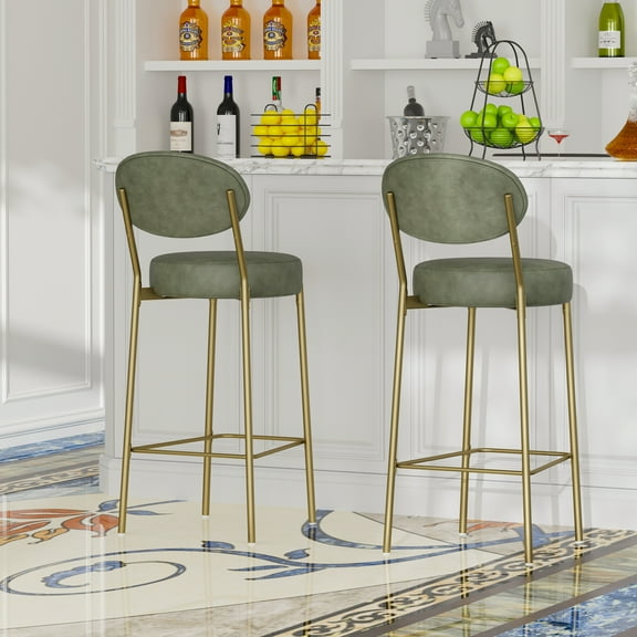 Set of 2 Bar Stools-Green Faux Leather, 29" Height, Golden Legs