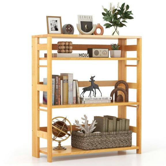 YYAo Bookcase Shelf, Bookshelf, Book Storage Rack, 4-Tier Bookshelf Rubber Wood Bookcase with Side Fences for Living Room-29.5 inches