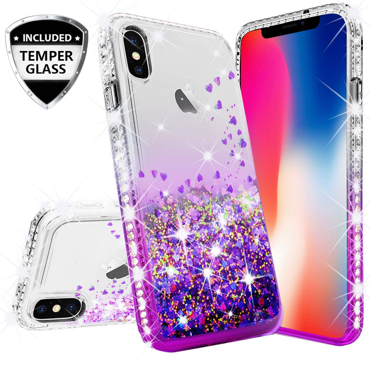 Compatible for Apple iPhone XR Case, with [Temper Glass Screen Protector] SOGA Diamond Glitter Liquid Quicksand Cover Cute Girl Women Phone Case for iPhone XR 6.1 [Cear/Purple]