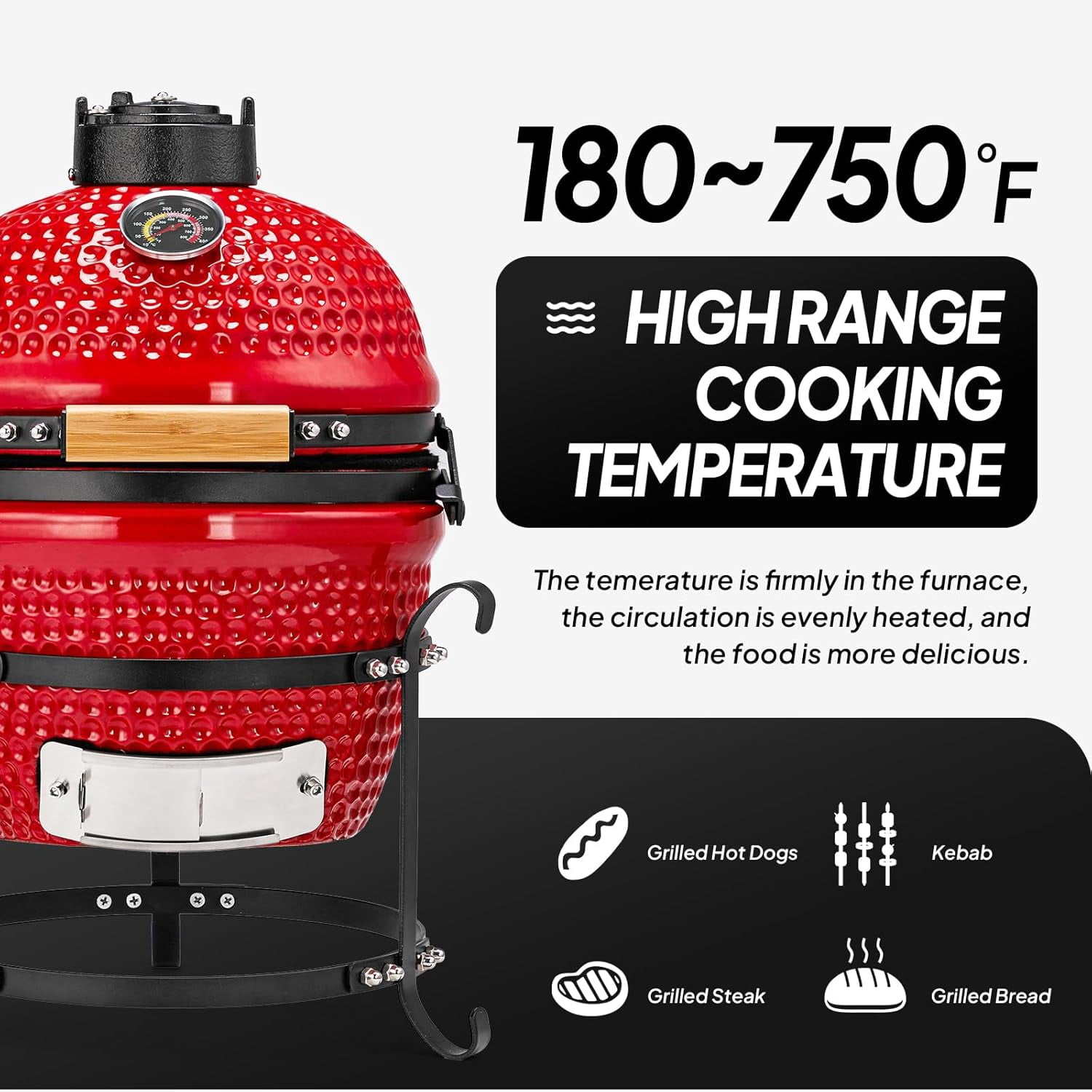 ROVSUN 13IN Red Spherical Ceramic Charcoal Grill with Inner Liner, Portable BBQ Smoker for Outdoor Cooking, Camping, and Backyard Grilling
