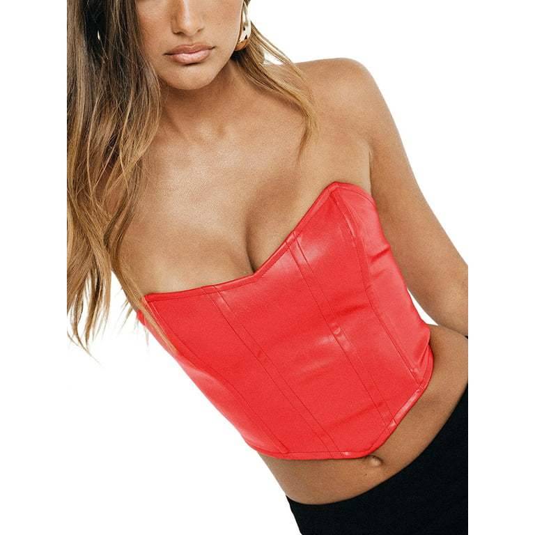Candy Shell Red PU Patent Vinyl Faux Leather Strapless V Neck Cut