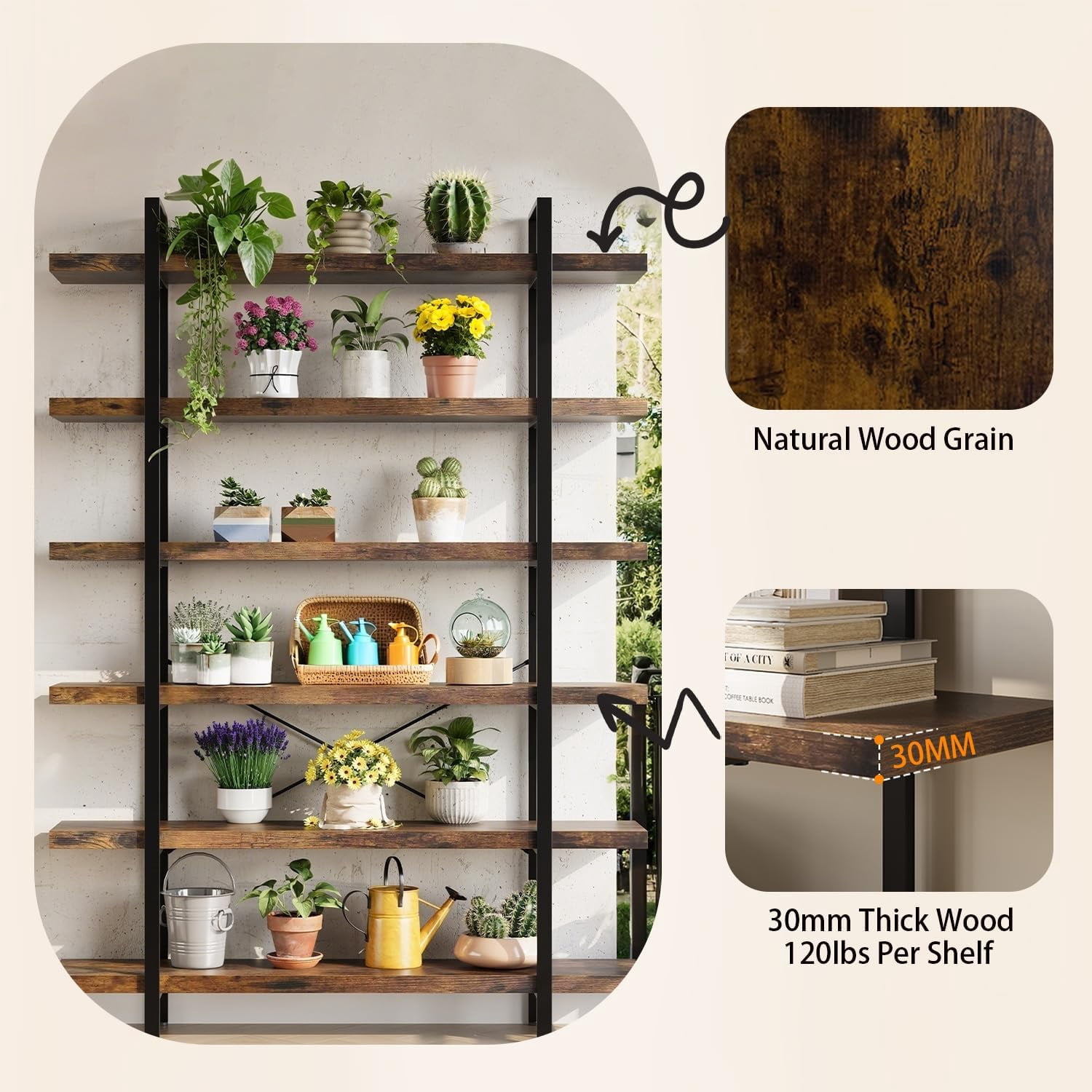 6-Tier Industrial Bookcase, 47 Inch Wide Wood Bookshelf, 120lbs Shelf Capacity, Rustic Open Shelving Heavy Duty Display with Reinforced Horizontal Brown Shelves for Living Room Bedroom Office