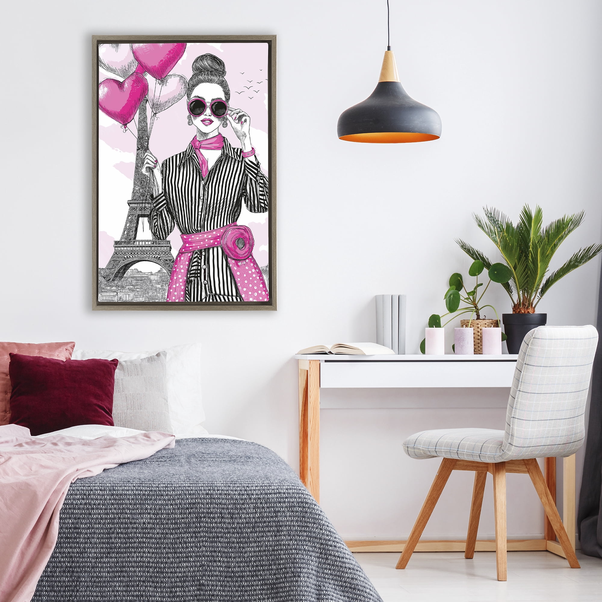 Stupell Industries Parisian Chic Woman with Balloons Brown Framed Floater Canvas Wall Art, design by Jess Stempel