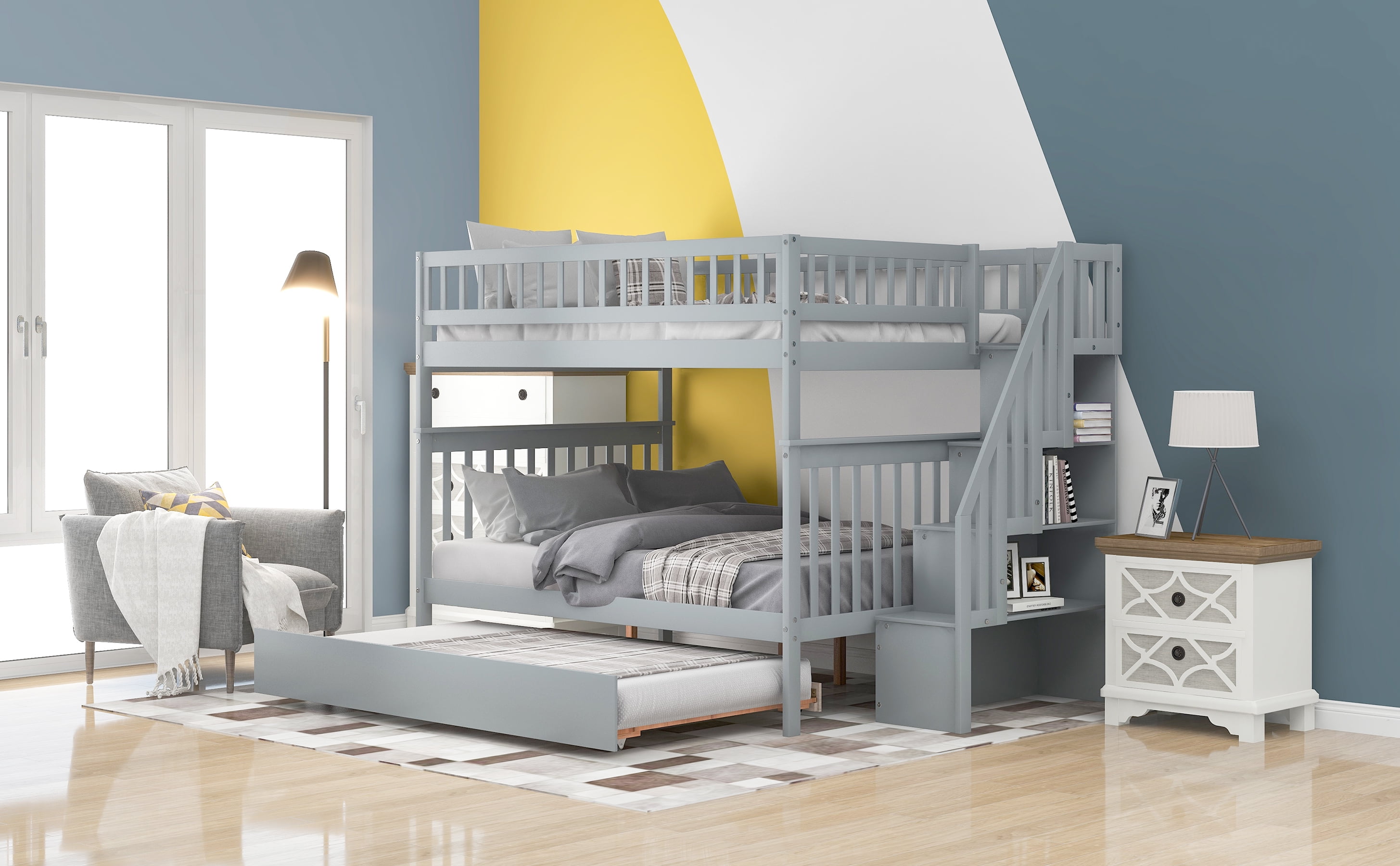 EUROCO Full over Full Bunk Bed with Twin Trundle Bed and Storage Shelves for Kids, Three Beds with Storage for Kids Teens Adults, Gray