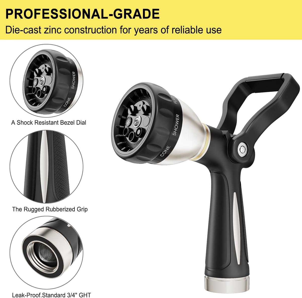 FANHAO Heavy Duty Fireman's Hose Nozzle, Metal Watering Nozzle with 8 Spray Patterns, Lever Control