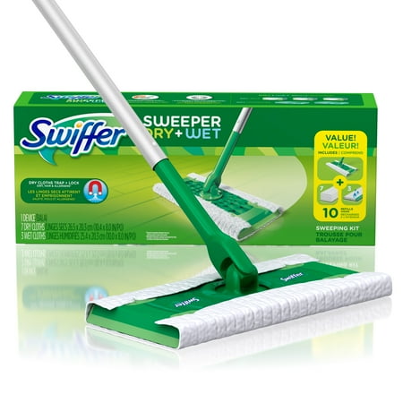 Swiffer Sweeper Dry + Wet Sweeping Kit (1 Sweeper, 7 Dry Cloths, 3 Wet (Best Floor Sweeper With Rotating Brushes)
