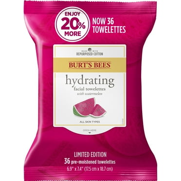 Burts Bees Hydrating Pre-moistened Facial Cleanser Towelettes with Watermelon, 36 Count