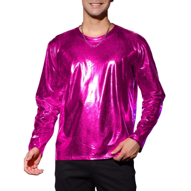 Camisetas de hombre INSPIRE CHIC de cuello redondo de manga larga brillante M color rojo rosa