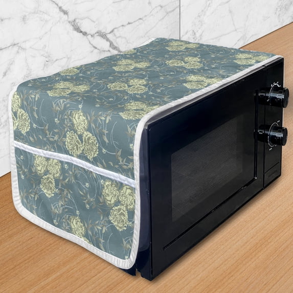 Carnation Microwave Oven Cover, Flower Bouquets Buds Twigs Swirly Branches Botanical Motif Art, Water Resistant Organizer with Pockets for Kitchen, 36" x 12", Cadet Blue and Pale Green, by Ambesonne