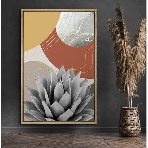 PixonSign Framed Canvas Print Wall Art Succulent by Red & Orange Circles Botanical Wilderness Mixed Media Modern Art Chic Colorful Multicolor Pastel for Living Room, Bedroom, Office - 24"x36" Natural