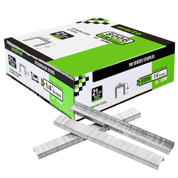 MEITE 21GA 80 Type 304 Stainless Steel Staples, 1/2" Crown 1/4" Length for Upholstery 10,000 Pcs/Box(1 Box)