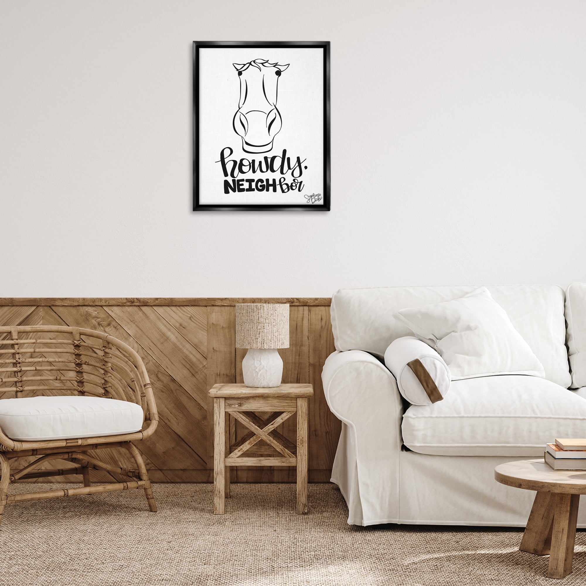 Stupell Industries Howdy Neighbor with Horse Animals Painting Black Floater Framed Canvas Art Print Wall Art, 25 x 31