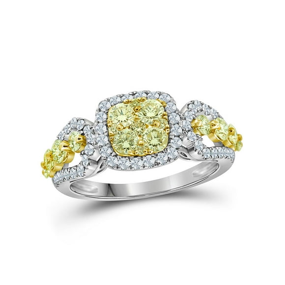 14kt White Gold Womens Round Canary Yellow Diamond Cluster Ring 1-1/3 Cttw