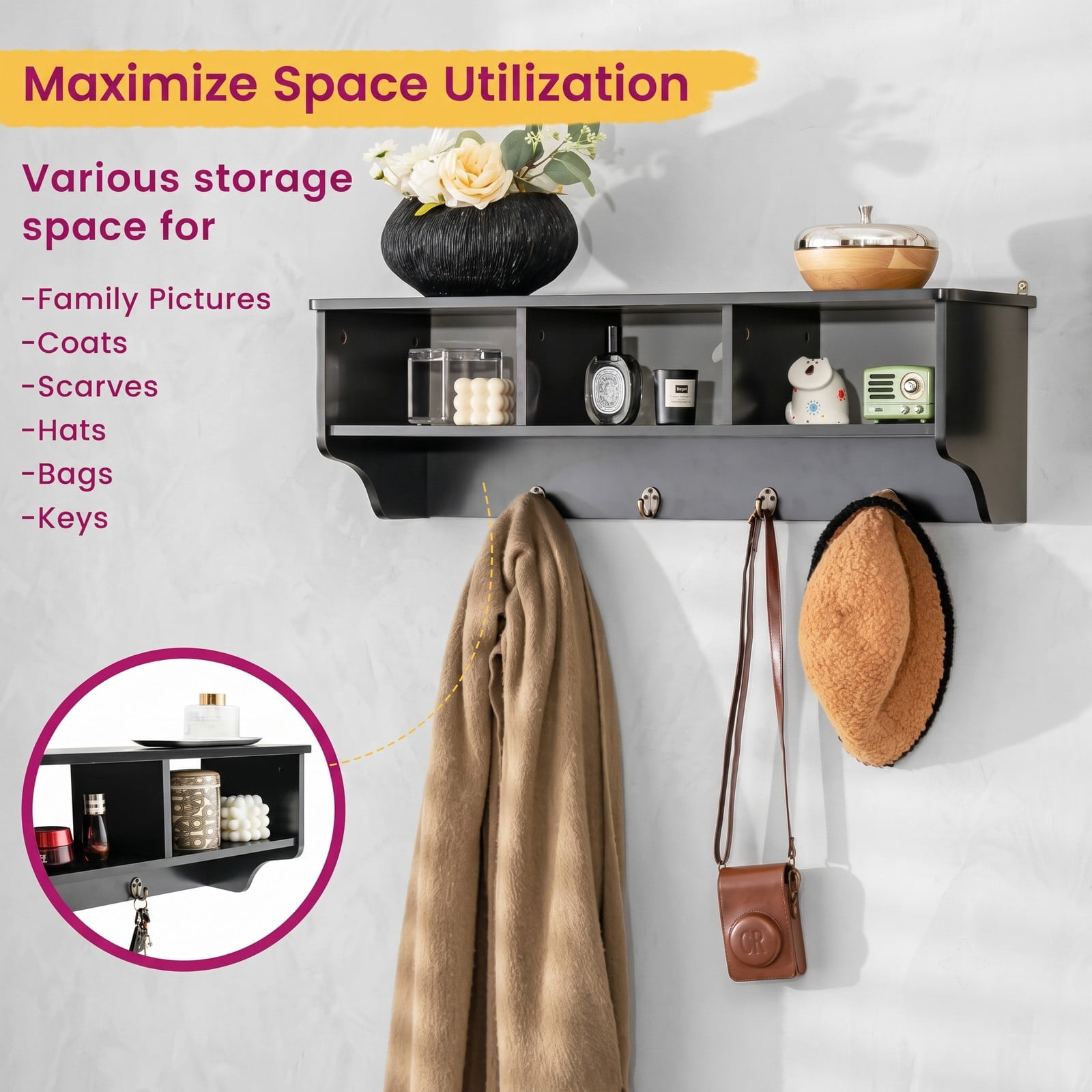 Furnibear Wall Mounted Coat and Hat Rack with Cubby Storage Shelf and 4 Hooks for Entryway Living Room and Bathroom, Black