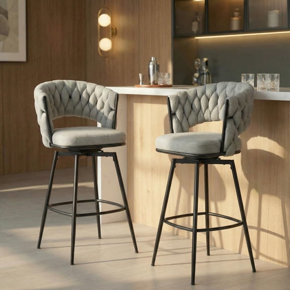 28" Counter Height Set of 2 Grey Linen Swivel Bar Stools with Woven Back and Footrest & Black Legs