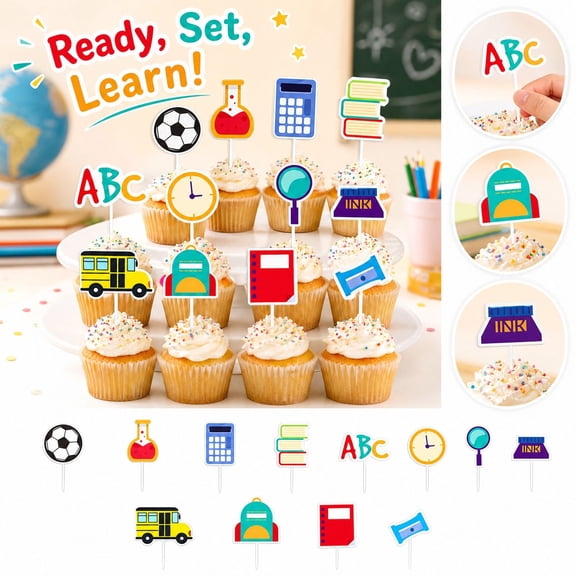 Back to School Cake Toppers 12 Pack Classroom Theme Cupcake Picks for School Party Cake Dessert Decoration Supplies