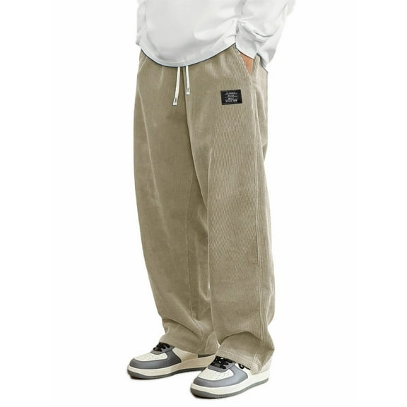 CONROSES Mens Corduroy Pants Solid Color Pants for Men Casual Wide Leg Elastic Waist Drawstring Soft Loose Spring Fall Trousers With Pockets