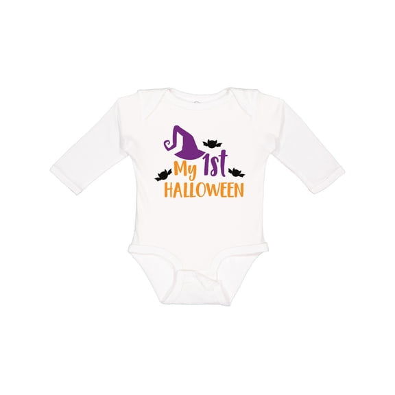 Inktastic My First Halloween, Witch Hat, Bats - Purple Black Boys or Girls Long Sleeve Baby Bodysuit