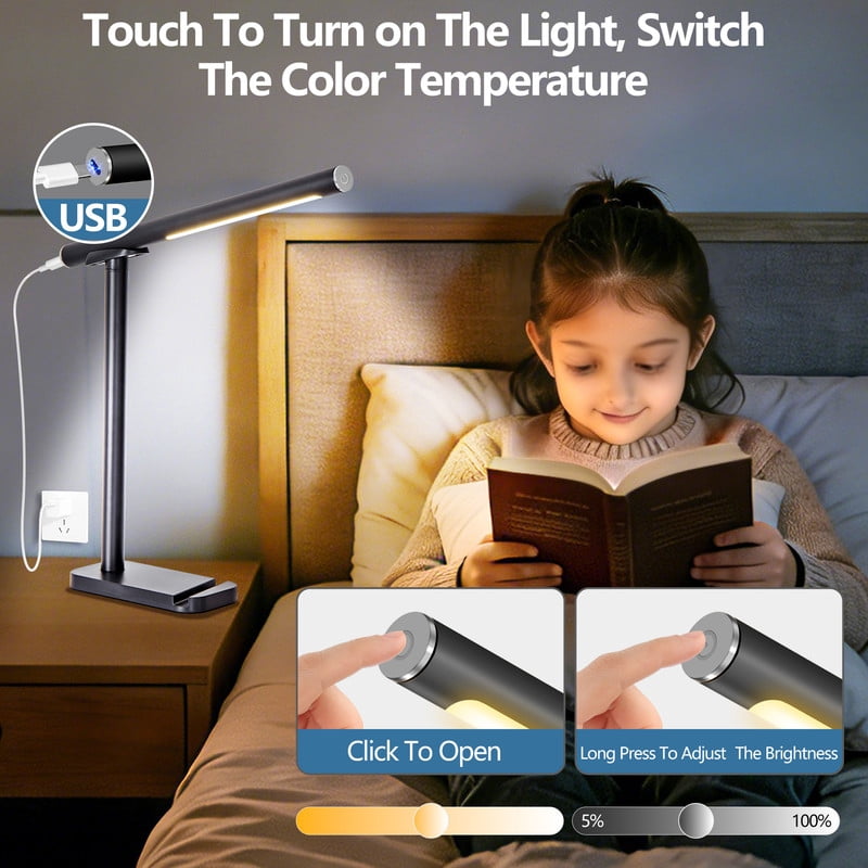 TICOZE LED Desk Lamp 360° Adjustable with USB Charging Port, 5 Light Modes and Dimmable Brightness Touch Control, Space-Saving Bedside Lamp for Reading, Craft, Work and Study (Black)