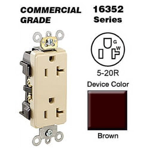 Leviton 16352 Decora Duplex Receptacle Commercial Grade 5-20R 20A 125V BandS Wired - Brown