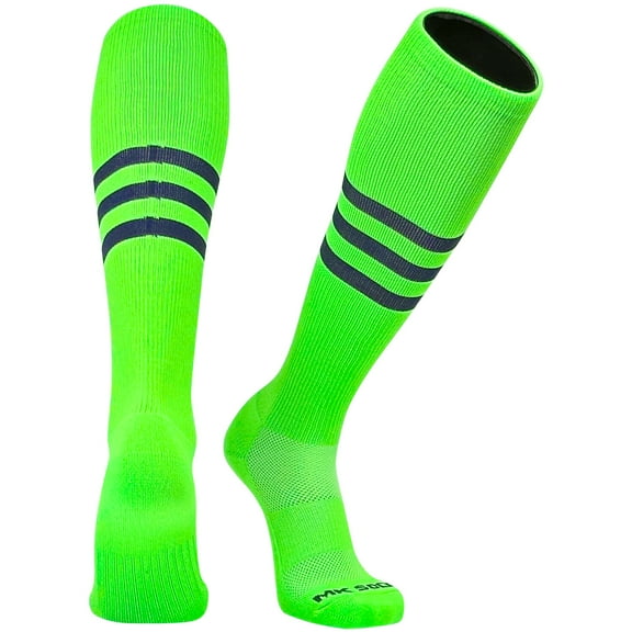 MK Socks Striped Knee High Baseball, Football Socks - Neon Green Navy