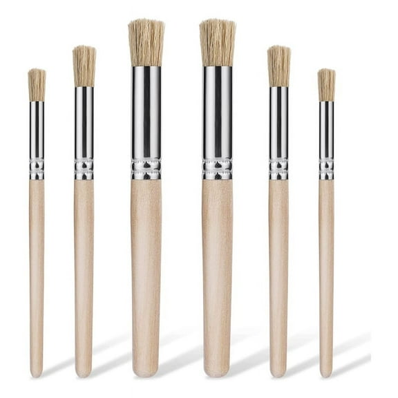 Natural Bristle Stencil Brush Set, 6 Pieces, Wooden Handles, 3 Sizes for Acrylic Painting on Wood