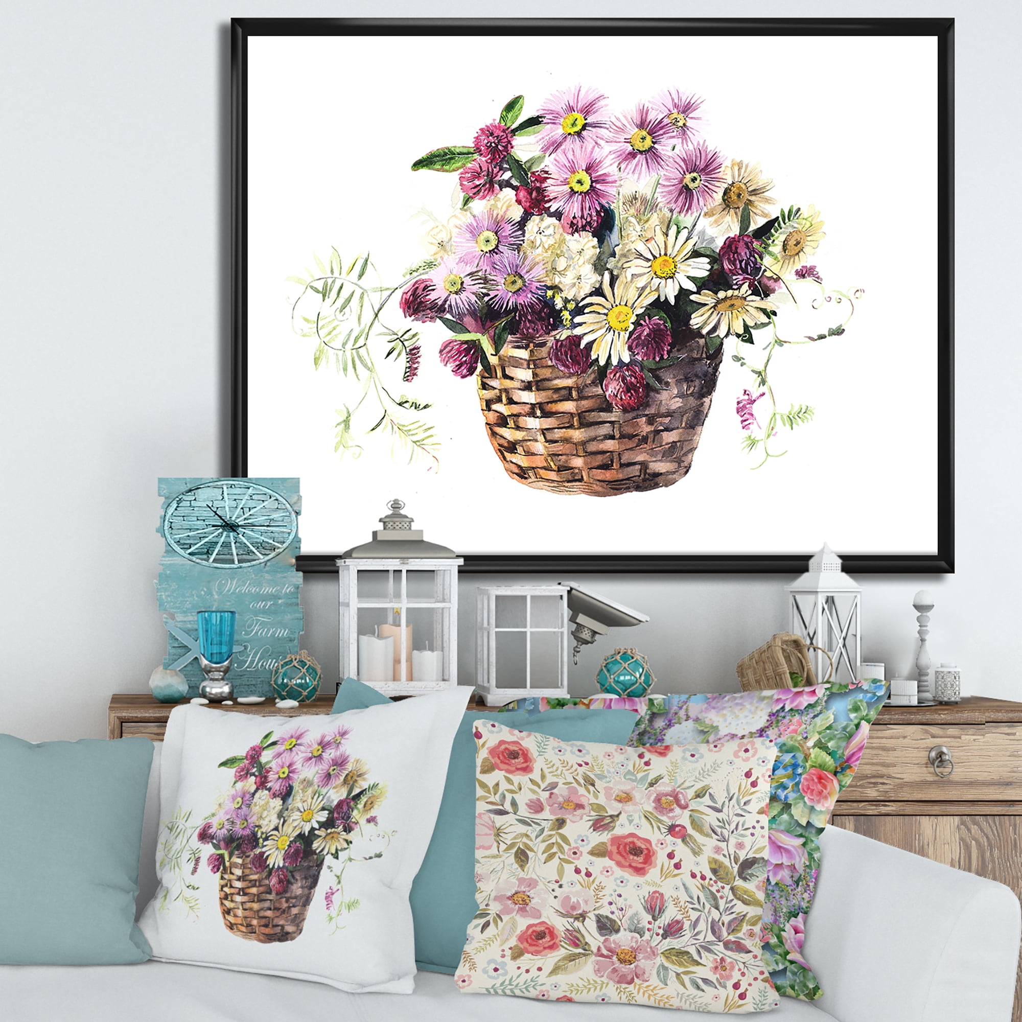 Designart 'The Basket Bouquet From Meadow Flowers' Traditional Framed Canvas Wall Art Print