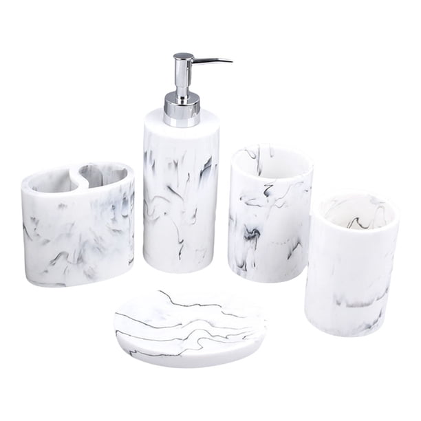 Juego de accesorios para baño de 5 piezas: soporte para cepillos de dientes de resina y dispensador de loción. blanco