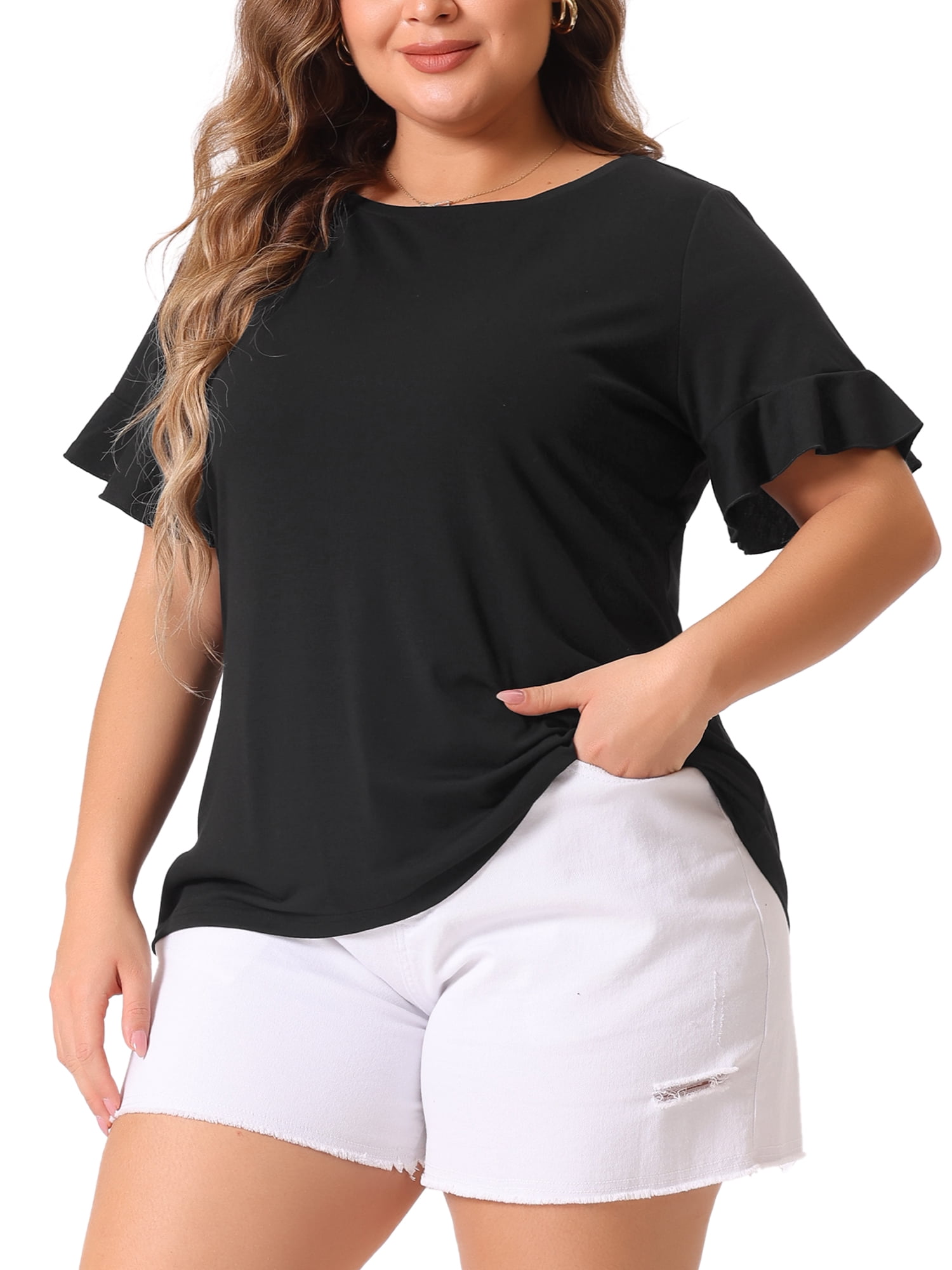 DARING DIVA Women's Plus Plain Crew Neck Ruffle Short Sleeves Blouse 2X Black