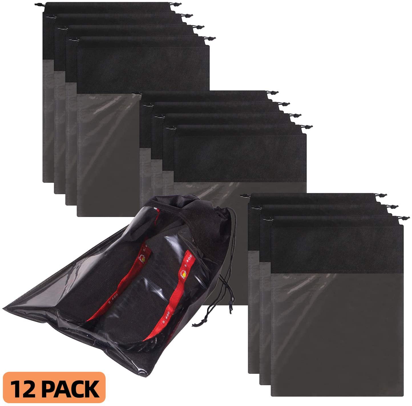 Set of 4 Shoe Storage Travel Bags 100% Cotton Drawstring & Clear Window Black 