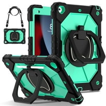 Hybrid Shockproof 360 Rotating Stand With Hand Strap and Shoulder Strap Kids Case for iPad 10.2" 2021/2020/2019 9th / 8th / 7th Case(No Screen Protector),Black&Mint Green