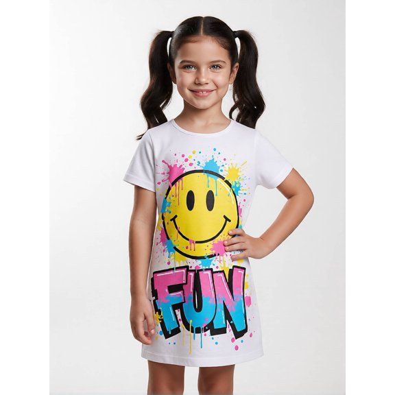 Kids Relaxed Short Sleeve Dress Regular-Fit Crew Neck Casual Dresses for Girls Kids Girls Age 5-13 Daily Style