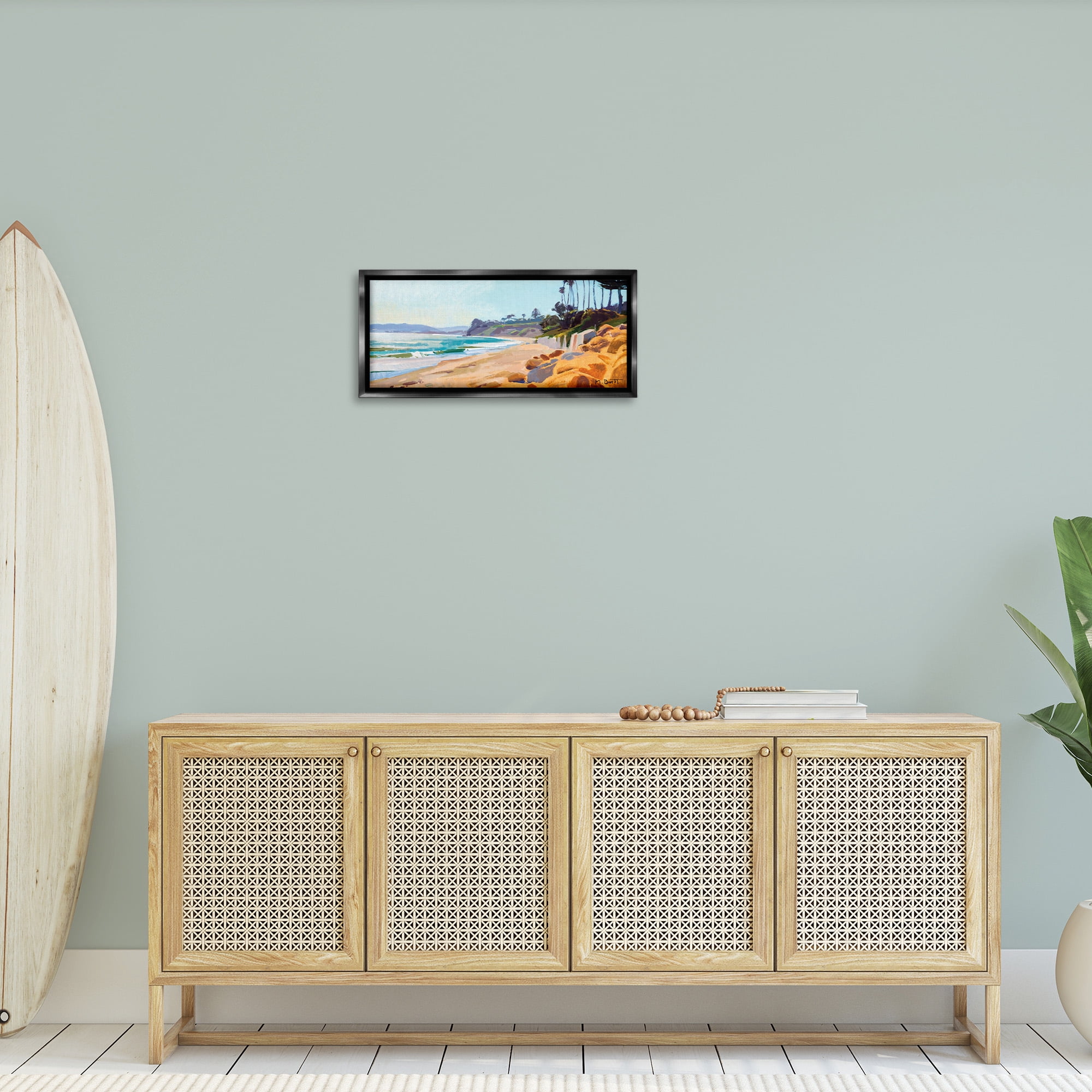 Stupell Industries Summer Beach Landscape Painting Nature Painting Black Floater Framed Canvas Art Print Wall Art, 25 x 11