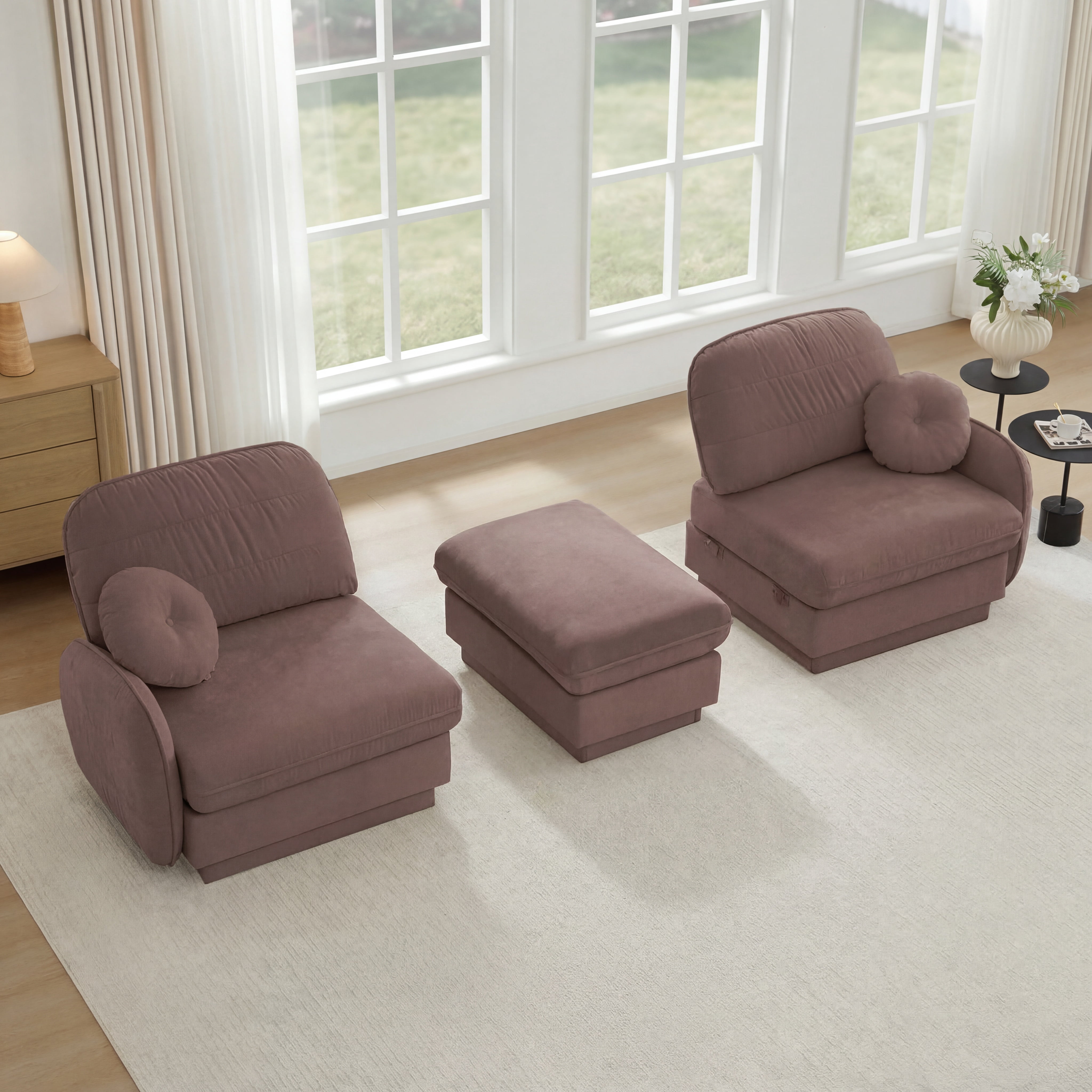 Mintazer Chenille Cloud Loveseat Sofa with Movable Ottoman and Round Pillows, L-Shaped Ergonomic Sofa Couch for Living Room, Bedroom, Rose Dust