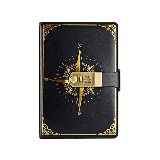 COM1950s A5 Notebook Cover, A5 Classic Password Diary Personalized Lockable Password Notebook Compasses Pattern Password Notebook Student Stationery Notebook
