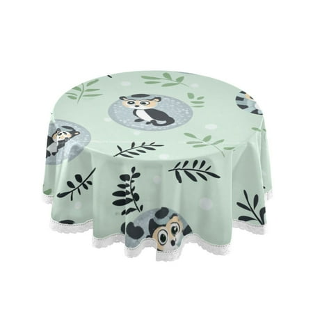 

60 Round Tablecloth with White Lace Trim Wrinkle & Heat-Resistant Table Cover for Dining and Home Decor Cute Adorable Lemurs