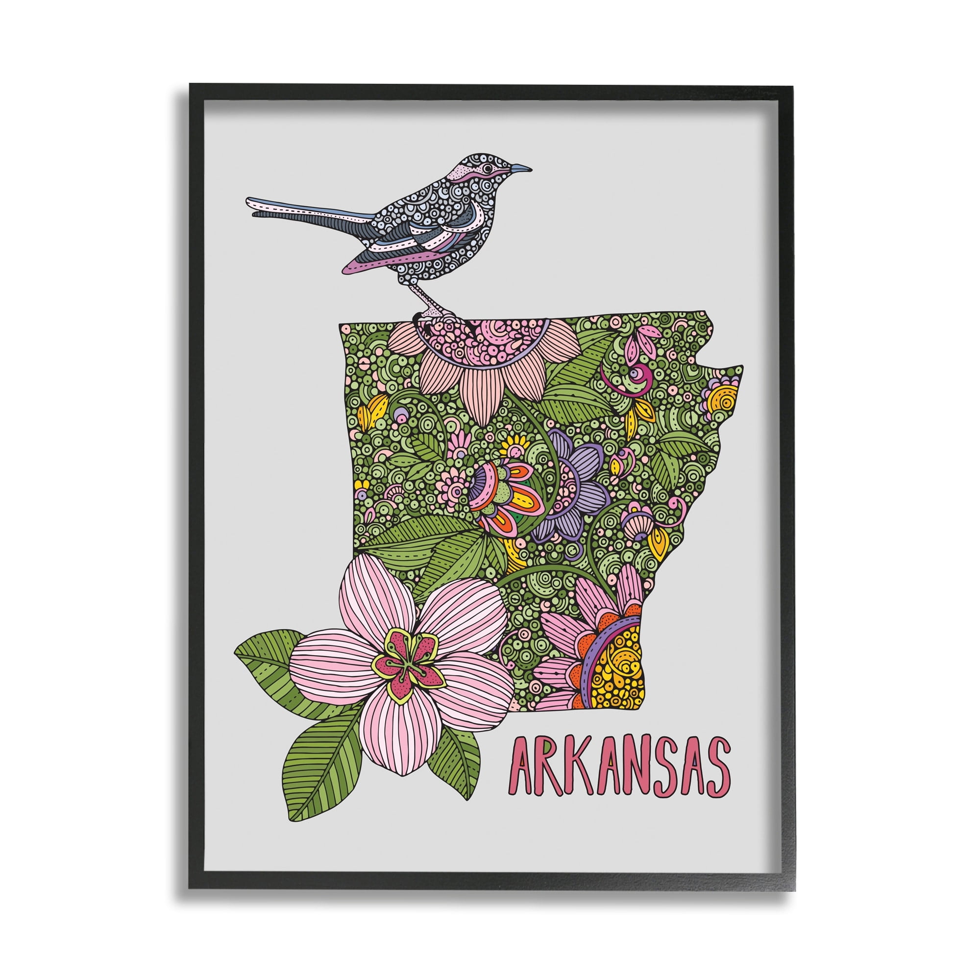 Stupell Industries Intricate Arkansas Floral Pattern Mockingbird Blossom Graphic Art Black Framed Art Print Wall Art, Design by Valentina Harper