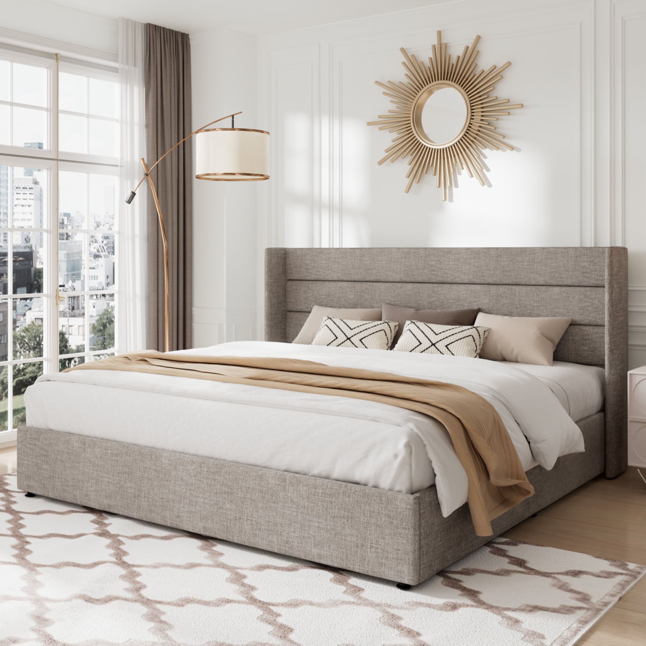 Allewie King Size Lift Up Platform Storage Bed Frame with Channel Wingback Headboard, Light Beige