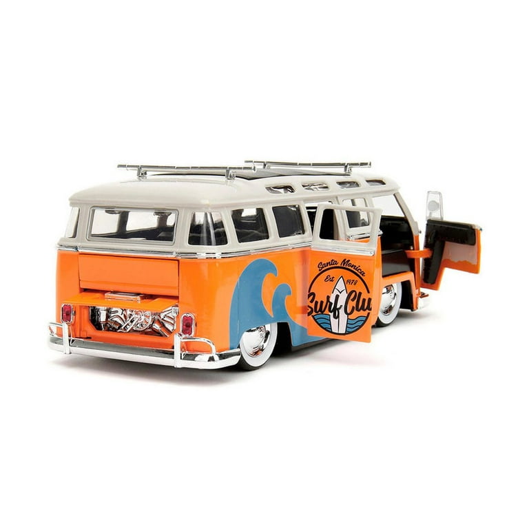 1962 Volkswagen Bus w/ Roof Rack and Surfboard, Orange - Jada Toys