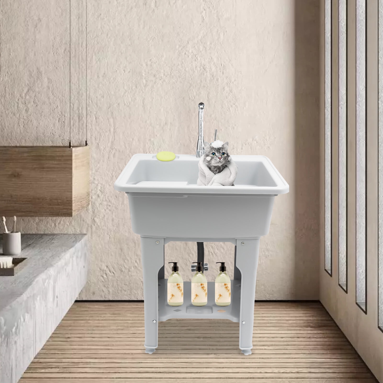 Utility Laundry Sink with Faucet & Storage Shelf, Gray, Slop Sink Wash Station for Garage, Shop