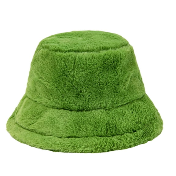 Kixjoy Women Plush Fluffy Bucket Hat – Faux Fur Warm Winter Cozy Wide Brim,Green