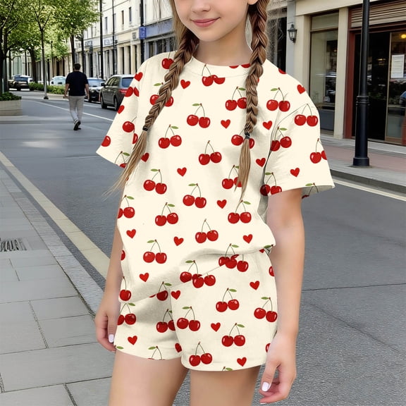 Cethrio Girls Summer Outfit Sets 2 Piece, School Crew Neck Short Sleeve Kids' Clothing Sets Beige Size 14-16