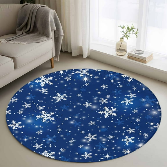 Blue Christmas Round Rug 3ft Washable Circle Entryway Rugs Non Slip Snowflake Winter Area Rug Indoor Floor Carpet for Bedroom Kitchen Living Room Home Office Dining Room Nursery