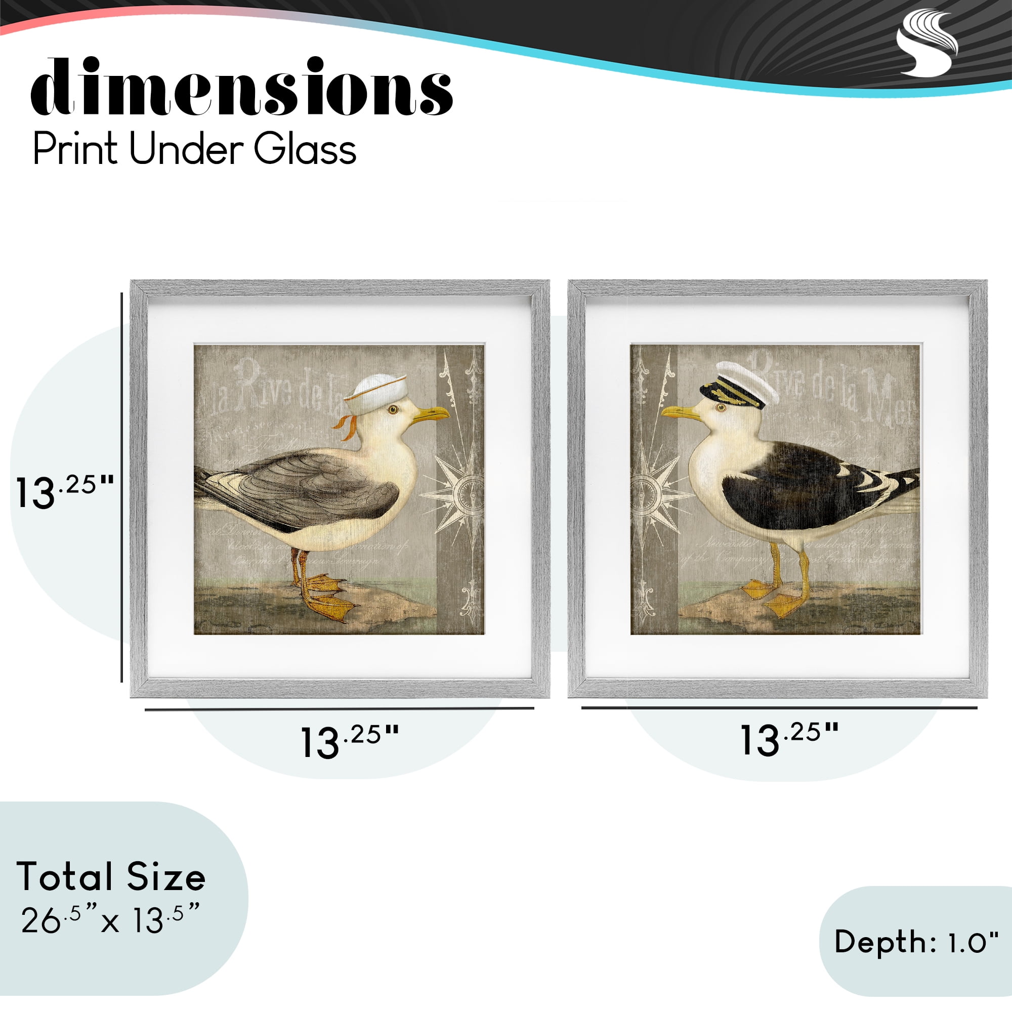 Stupell Industries Little Seagulls with Hats 2 Piece Gray Framed Print Under Glass Set, design by Suzanne Nicoll