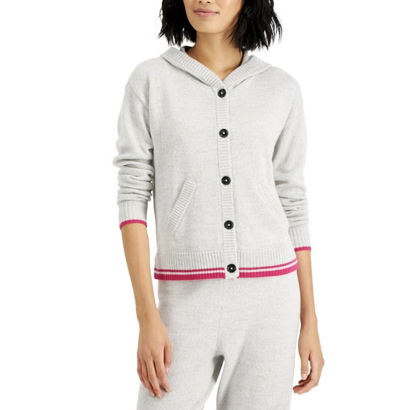 Charter Club Women's Hooded Button-Front Sweater French Grey Size M