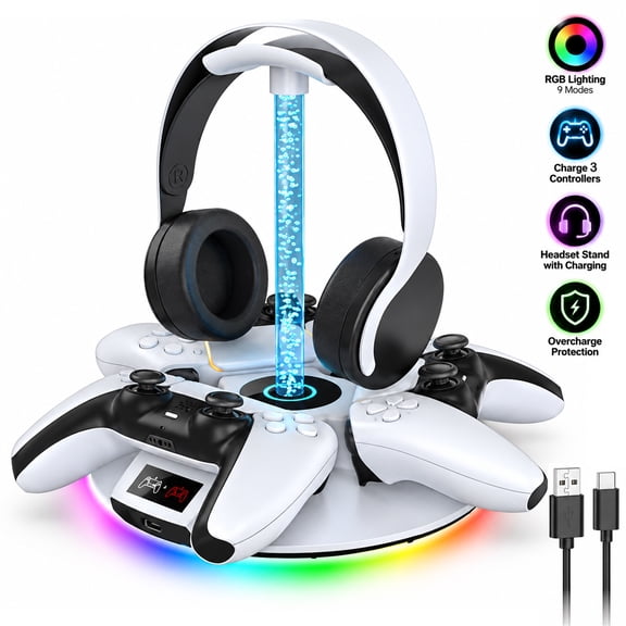 3 IN 1 Controller Charger for PS5 with Headphone Stand, RGB Headset and Controllers Stand Holder for PlayStation 5, Gaming Gifts for Gamers Men