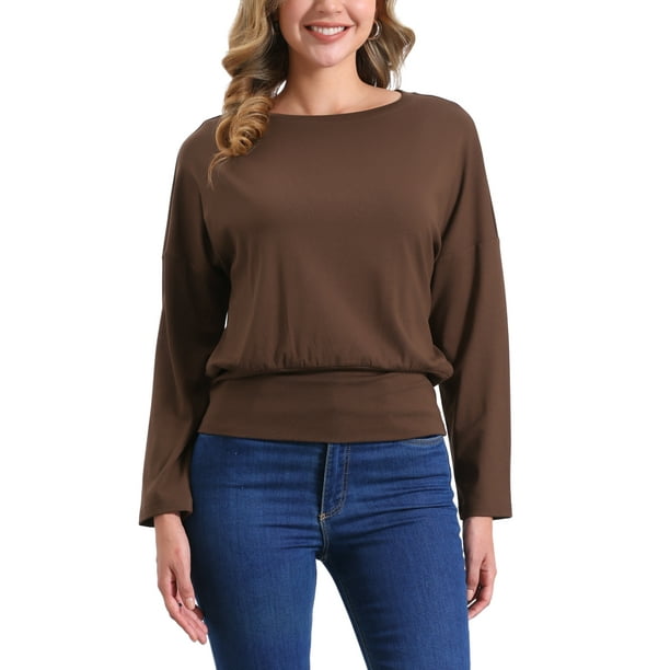 INSPIRE CHIC Blusas de punto de manga larga para mujer, camiseta suelta de hombros caídos, top M color café